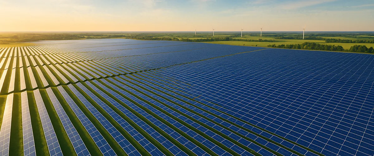 Aerial view of a large solar farm with wind turbines in the background