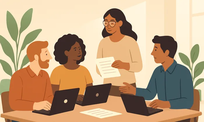 A team collaborating around a table with laptops and documents